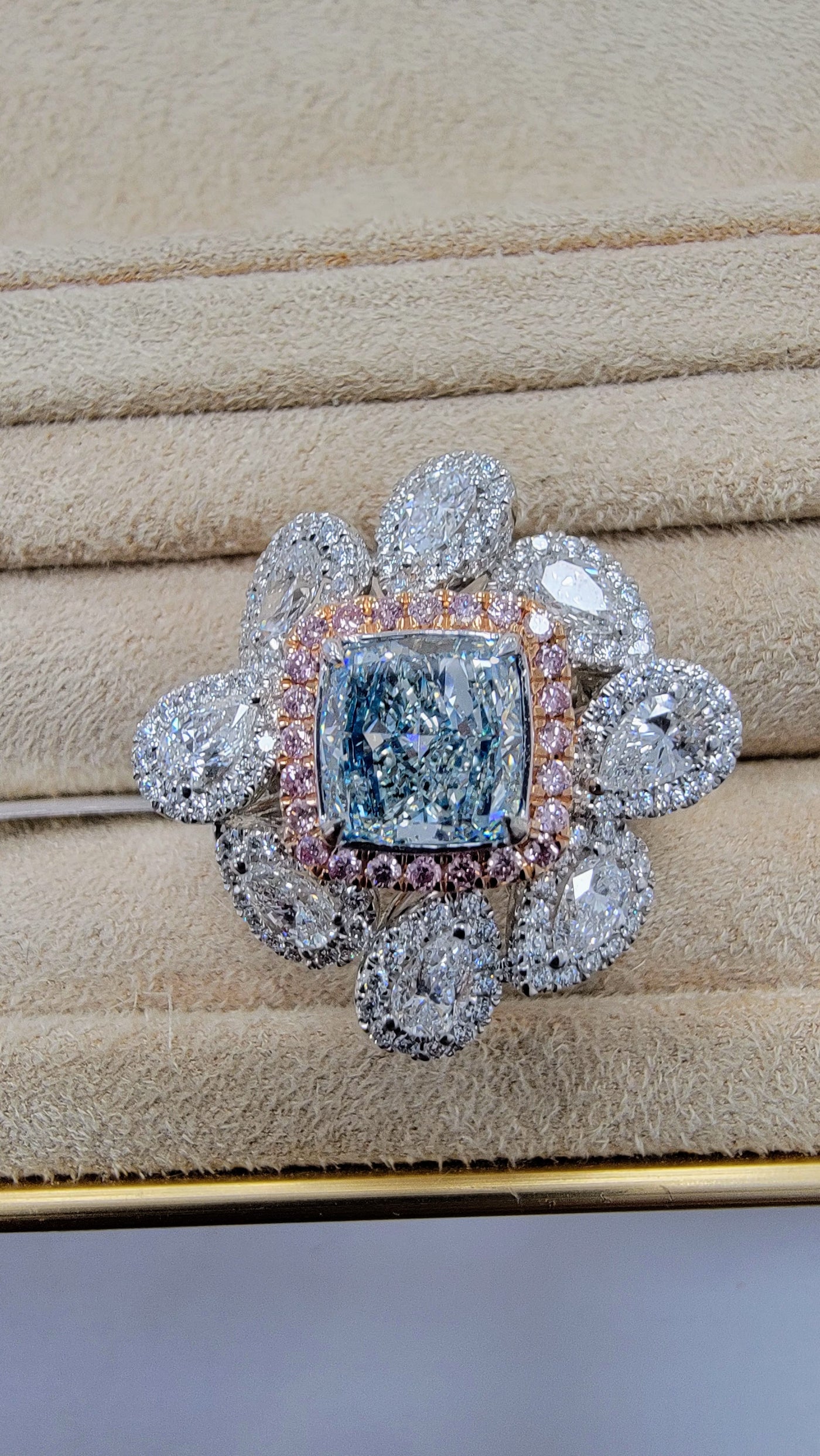 1.67ct Fancy Light Bluish Green Cushion SI1 GIA Cocktail Ring