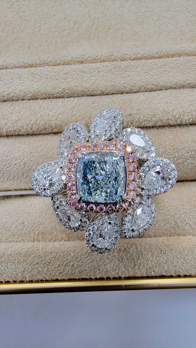 1.67ct Fancy Light Bluish Green Cushion SI1 GIA Cocktail Ring