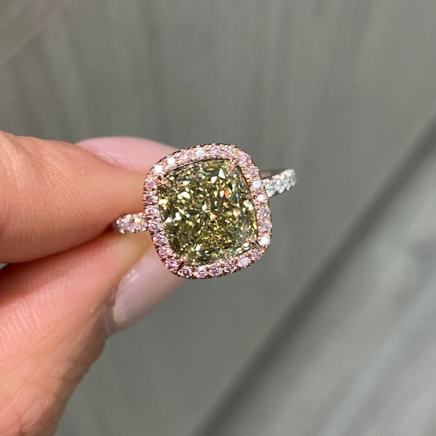 4.02ct Fancy Greenish Yellow Cushion VS1 GIA Ring