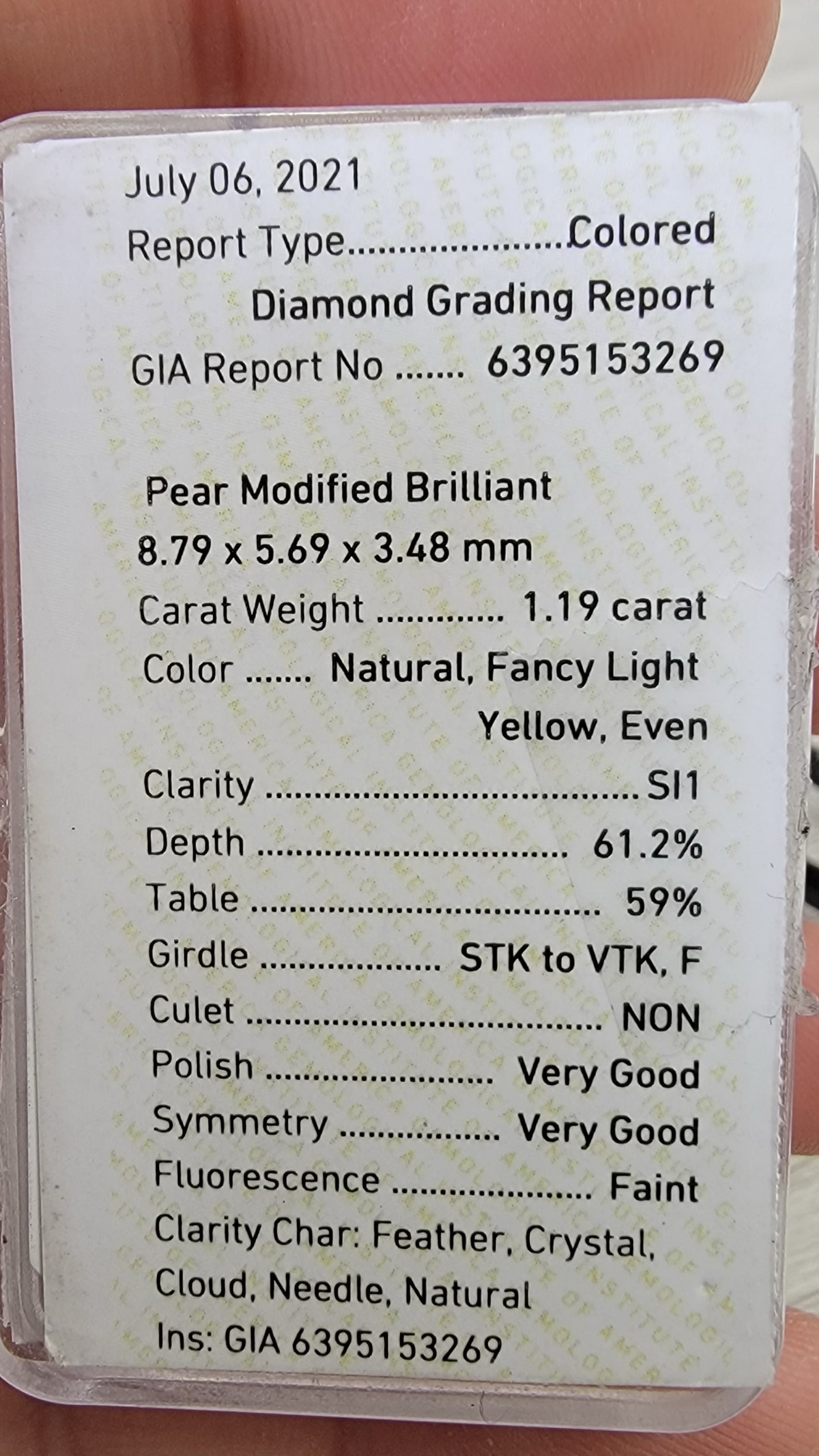 1.19ct Fancy Light Yellow Pear SI1 GIA