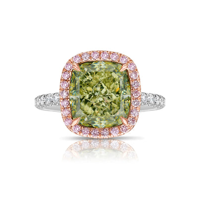 4.02ct Fancy Greenish Yellow Cushion VS1 GIA Ring