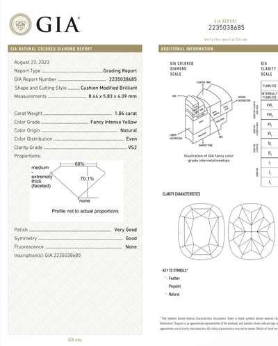 1.80ct & 1.84ct Fancy Intense Yellow Elongated Cushion VS GIA