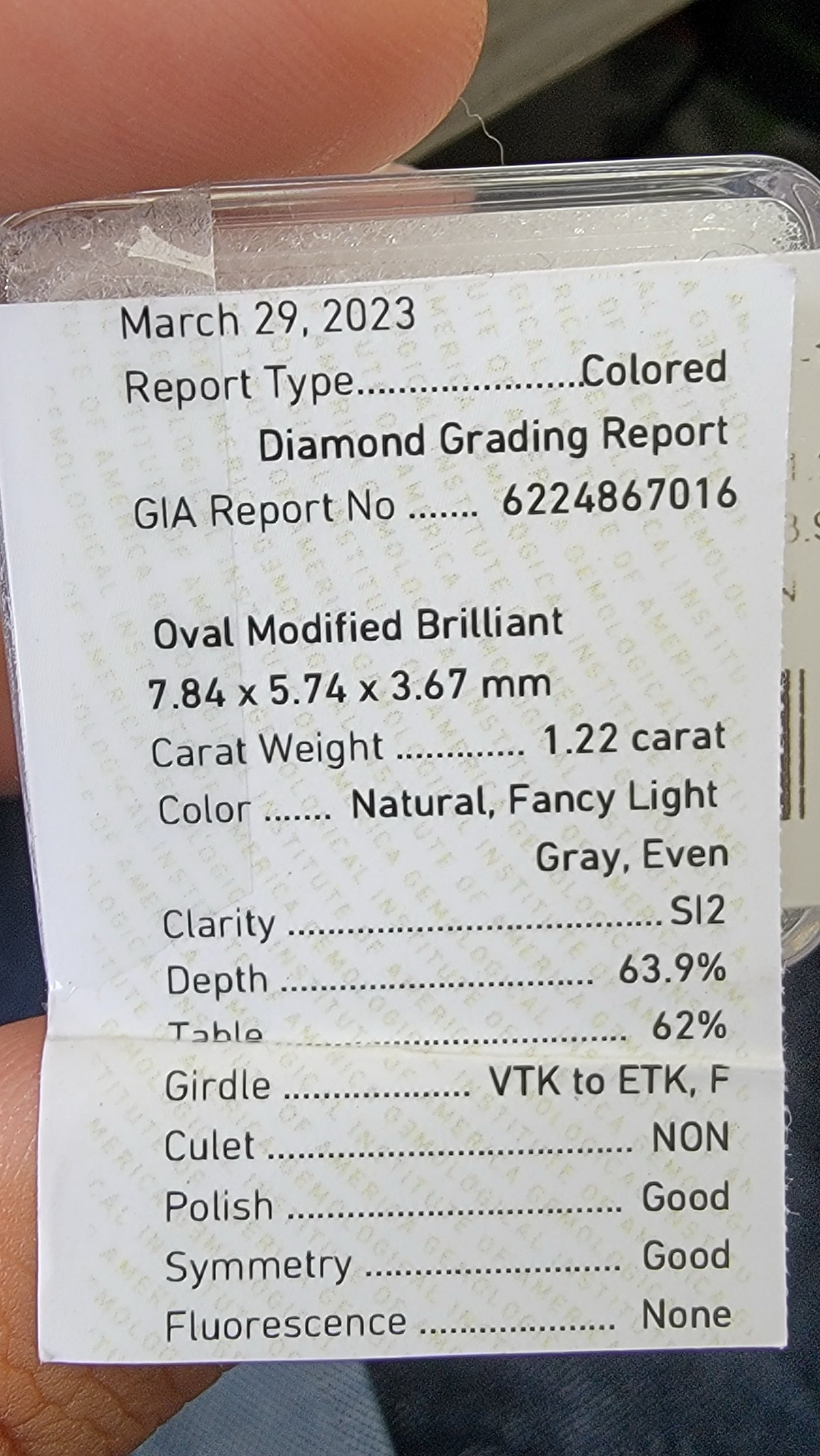 1.22ct Fancy Light Gray Oval SI2 GIA