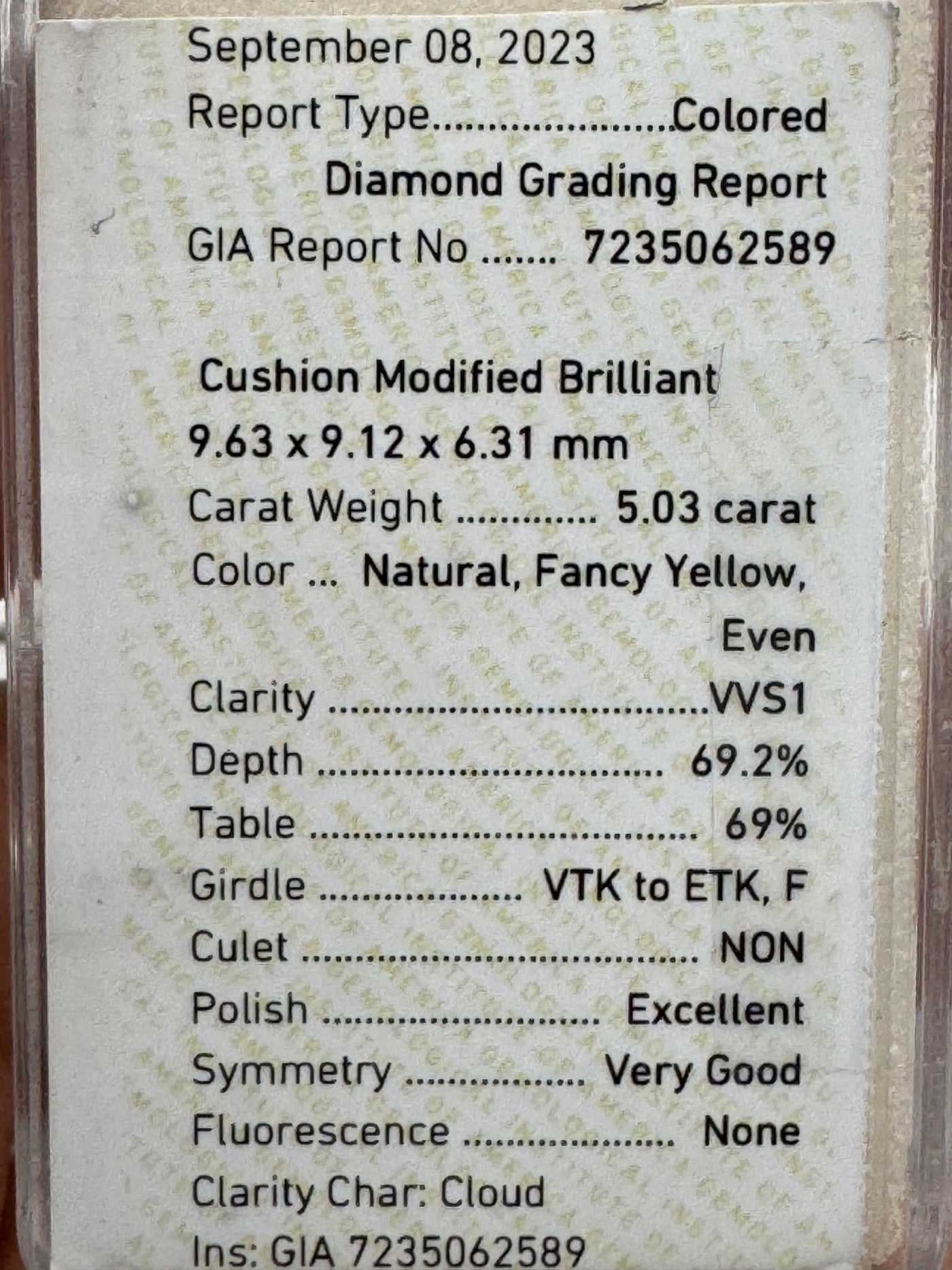 5.03ct Fancy Yellow Cushion VVS1 GIA