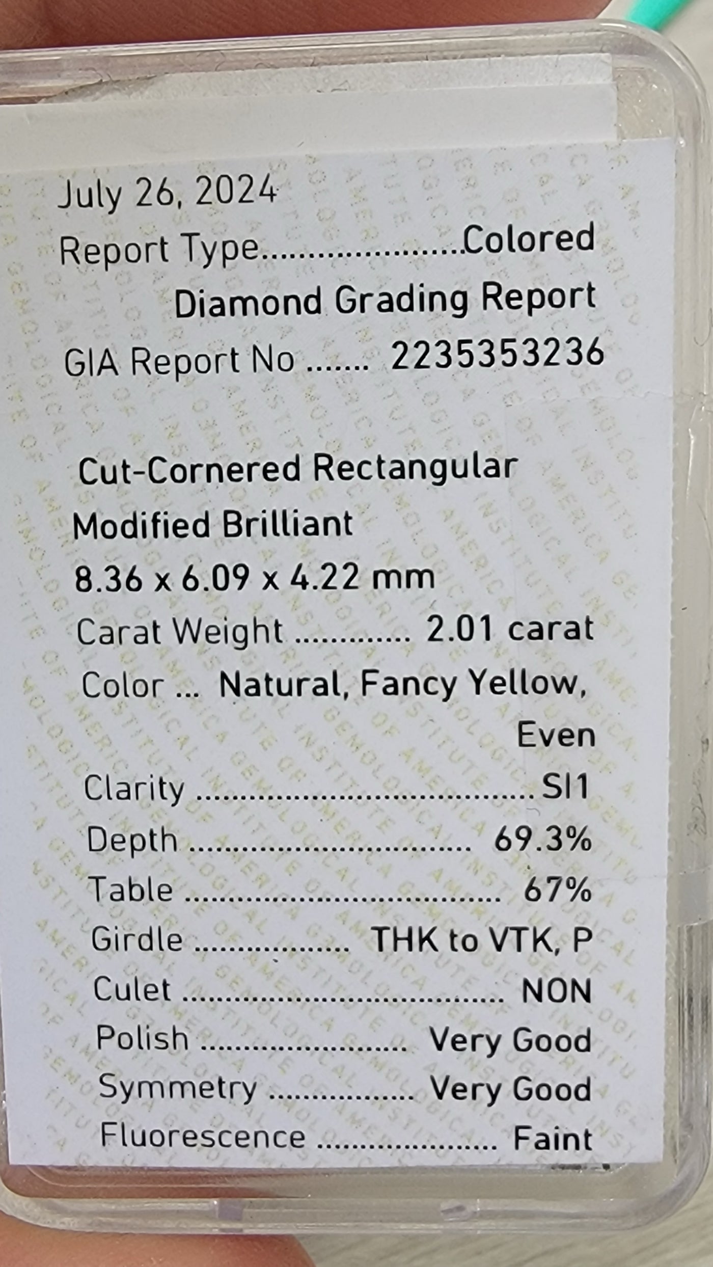 2.01ct Fancy Yellow Elongated Radiant SI1 GIA