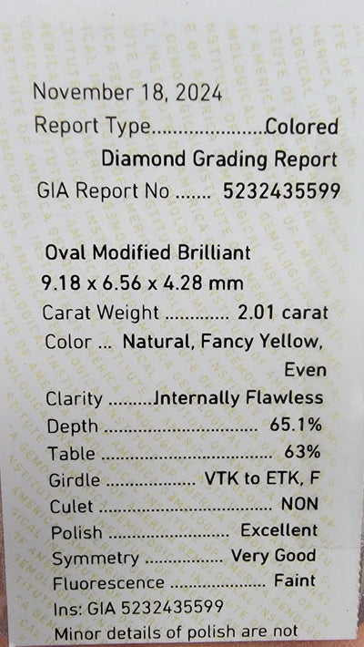 2.01ct Fancy Yellow Oval Internally Flawess