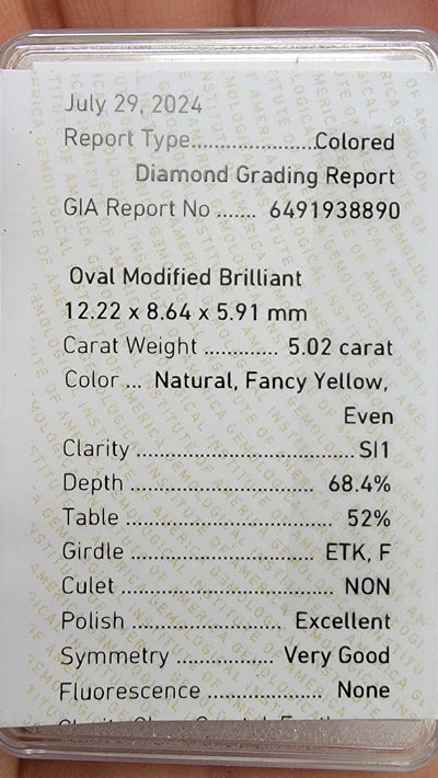 5.02ct Fancy Yellow Oval SI1 GIA