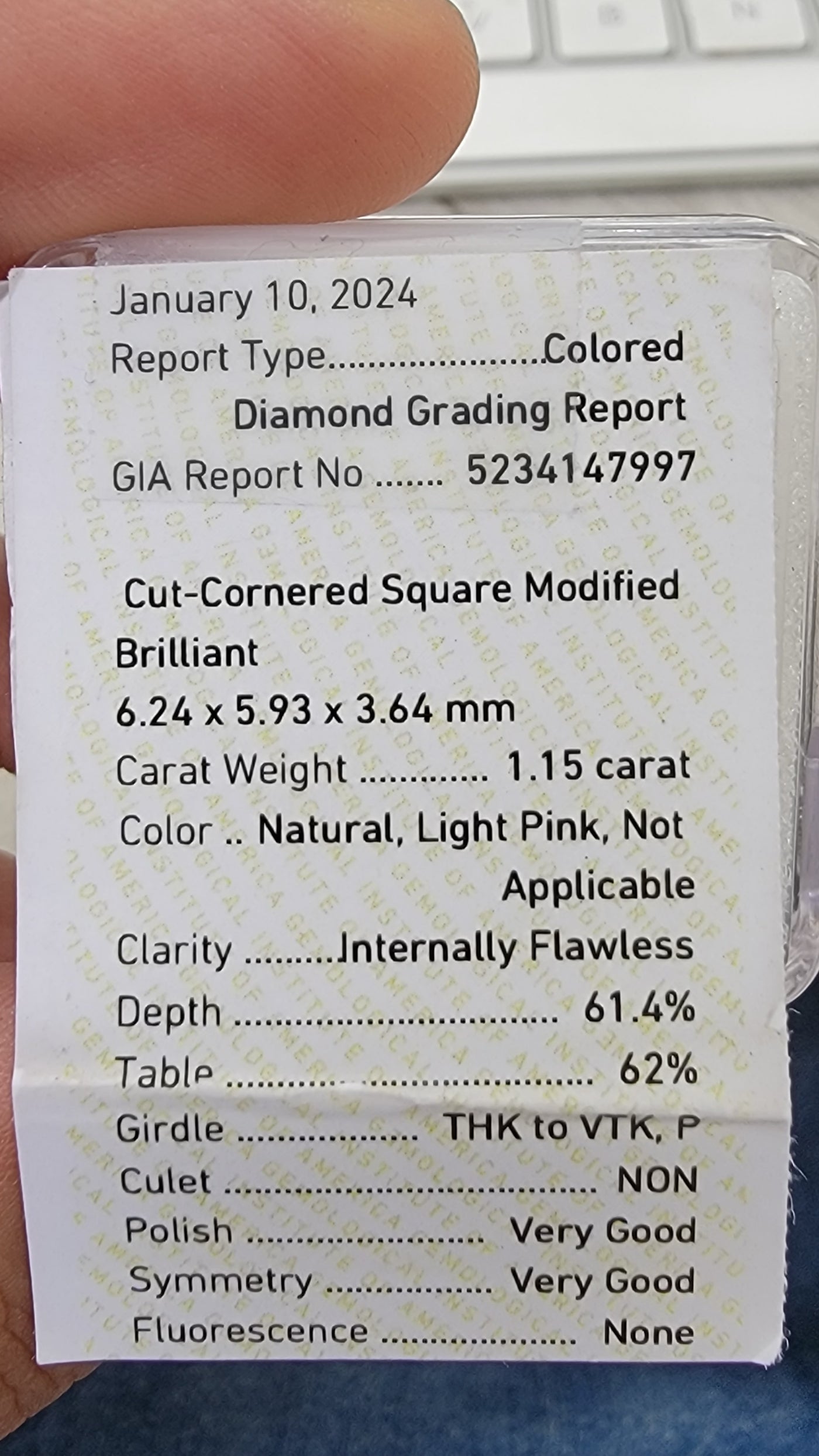 1.15ct Light Pink Radiant Internally Flawless GIA